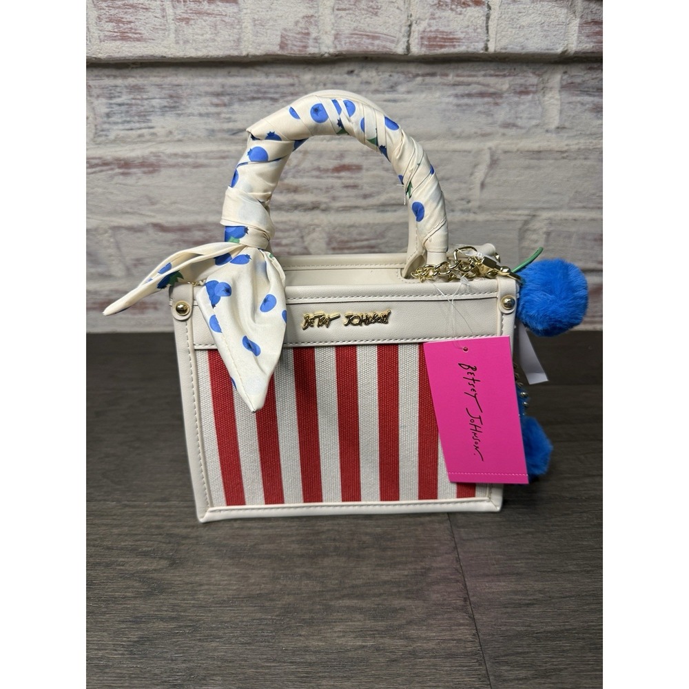 Betsey Johnson NWT Red White Stripe Blueberry Pom Pom Satchel Crossbody Bag